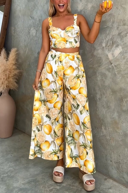 Tie Waist Wide Leg Lemon Print Pants - Fashionpara