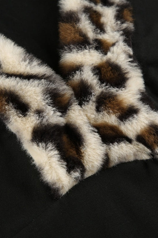 Leopard Print Fleece V-neck Slim Fit Blouse