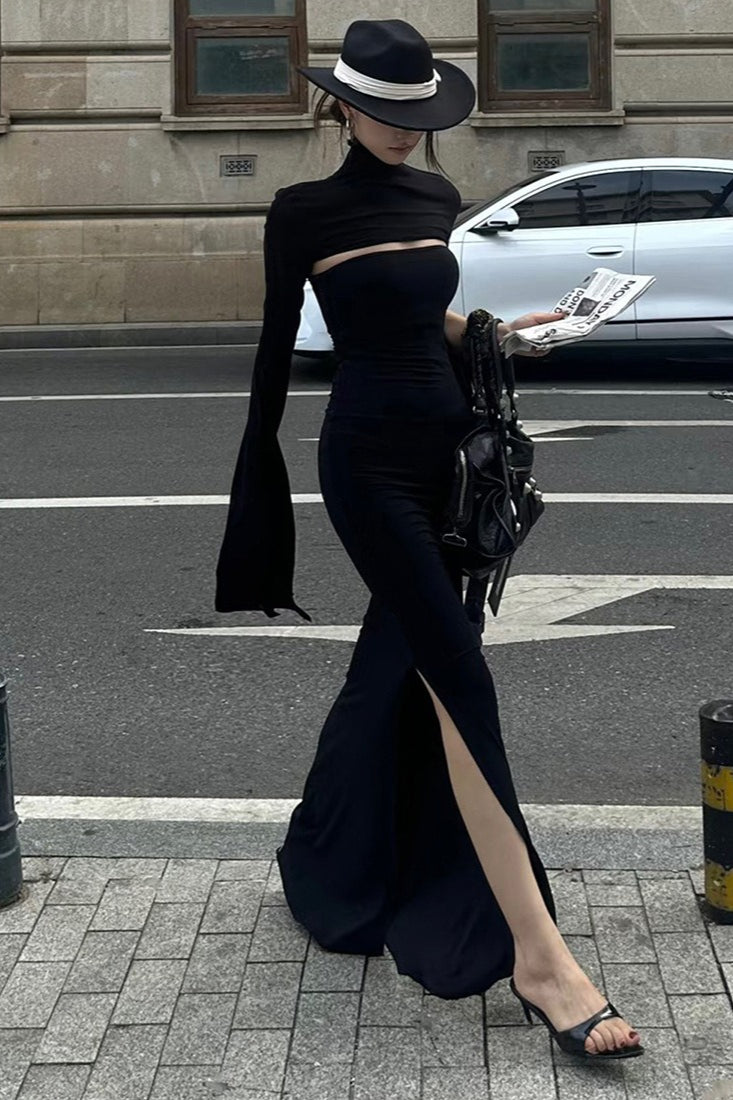 French High-End Solid Slim Asymmetric Long-Sleeve Maxi Dress