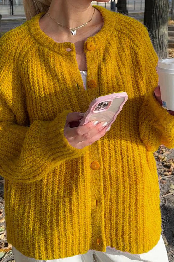 Solid Knit Round Neck Long Sleeve Cardigan 3