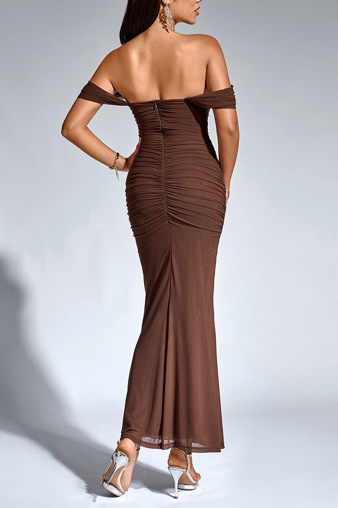 Off Shoulder Draped Ruched Fishtail Maxi Formal Gown - View 8