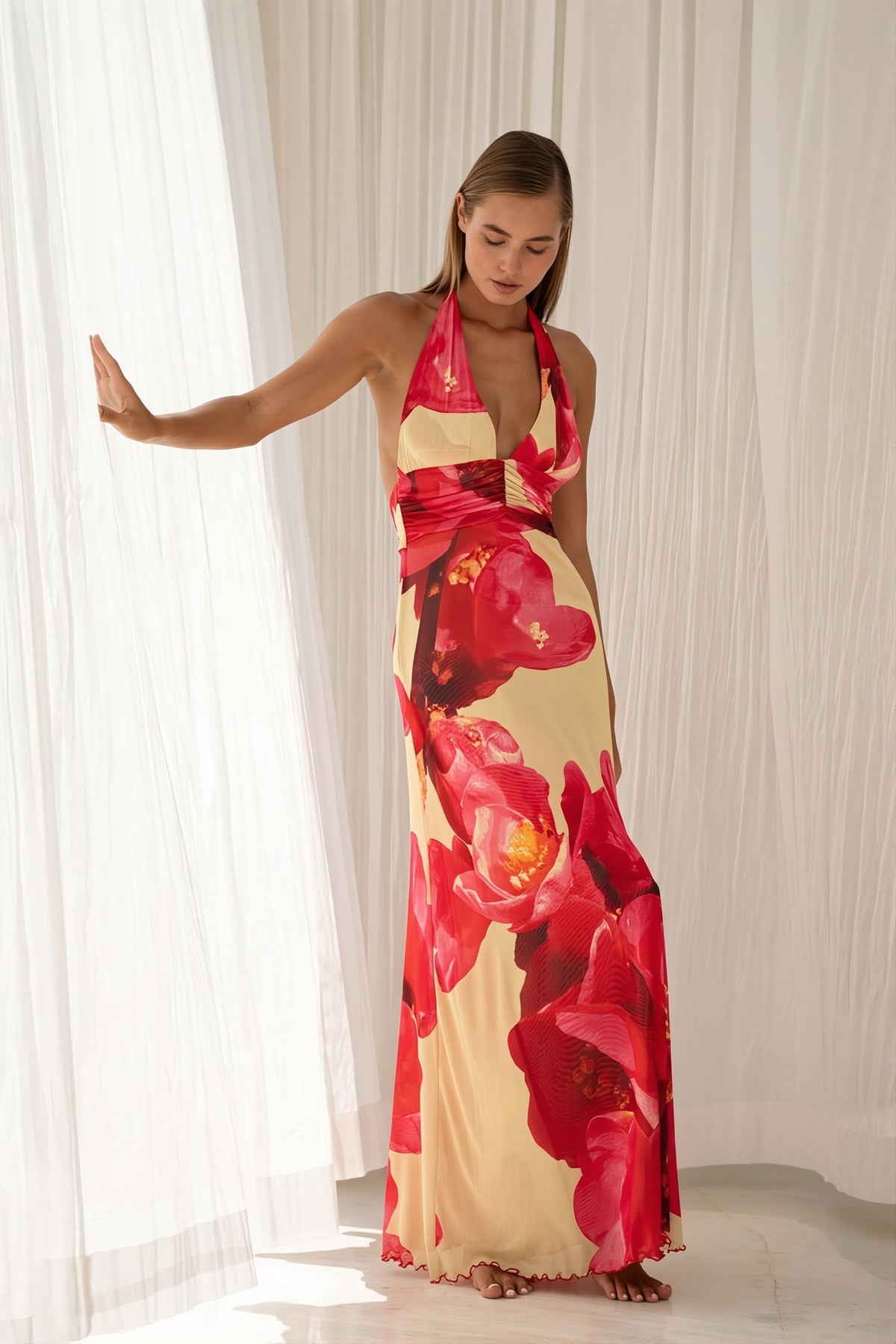 Floral Halter Deep V Backless Maxi Gown 12