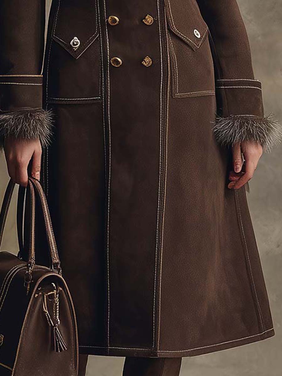 Vintage Brown Eco-Suede Double-Breasted Coat With Faux Fur Collar - Fashionpara
