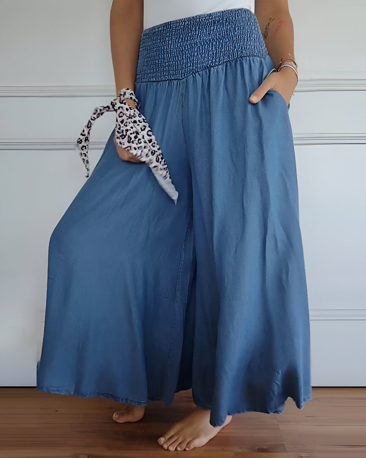 Smocked High Waist Wide Leg Denim Pants 4