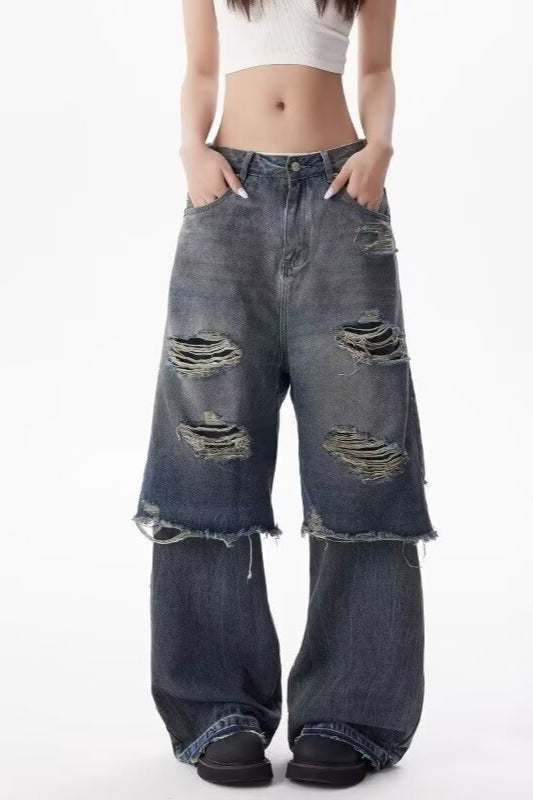 Distressed Layered Wide Jeans