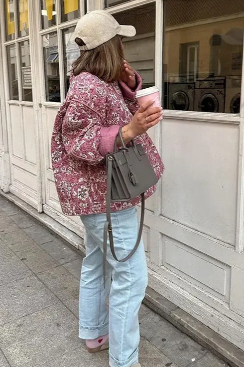 Floral Print Padded Coat with Crew Neck for Stylish Warmth