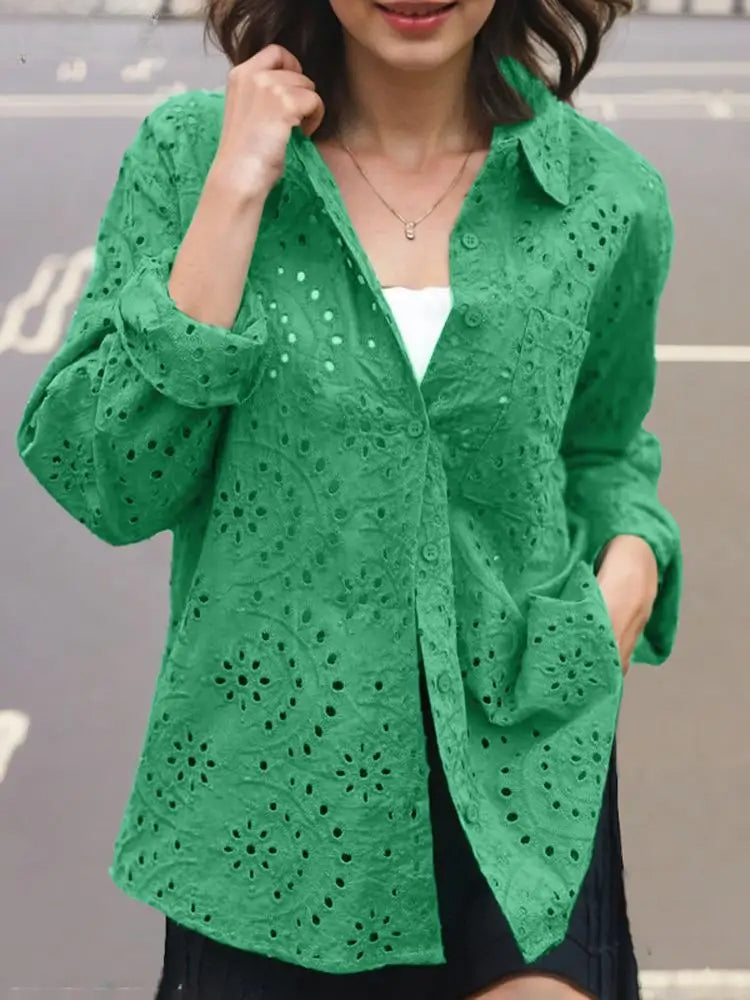 Casual Patchwork Turn-down Collar Embroidered Blouse Green / S blouse-250126