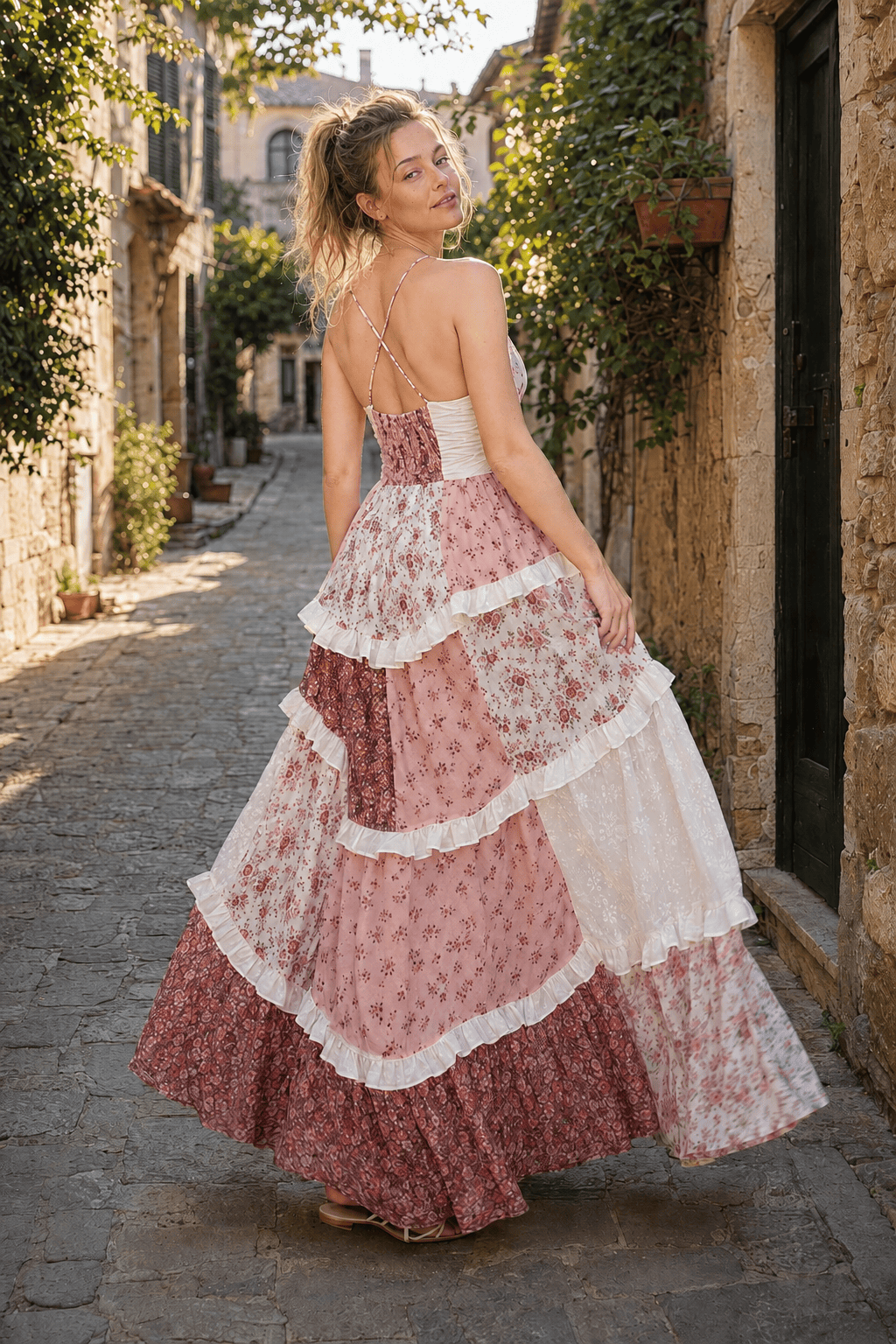 Floral Print Spaghetti Strap Ruffle Tiered Maxi Dress