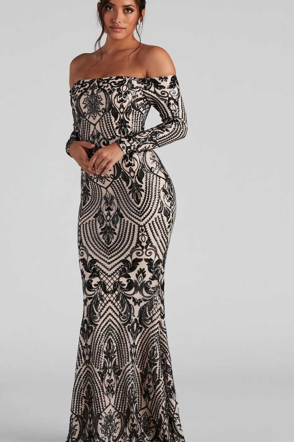 Sequin Off Shoulder Long Sleeve Mermaid Evening Gown