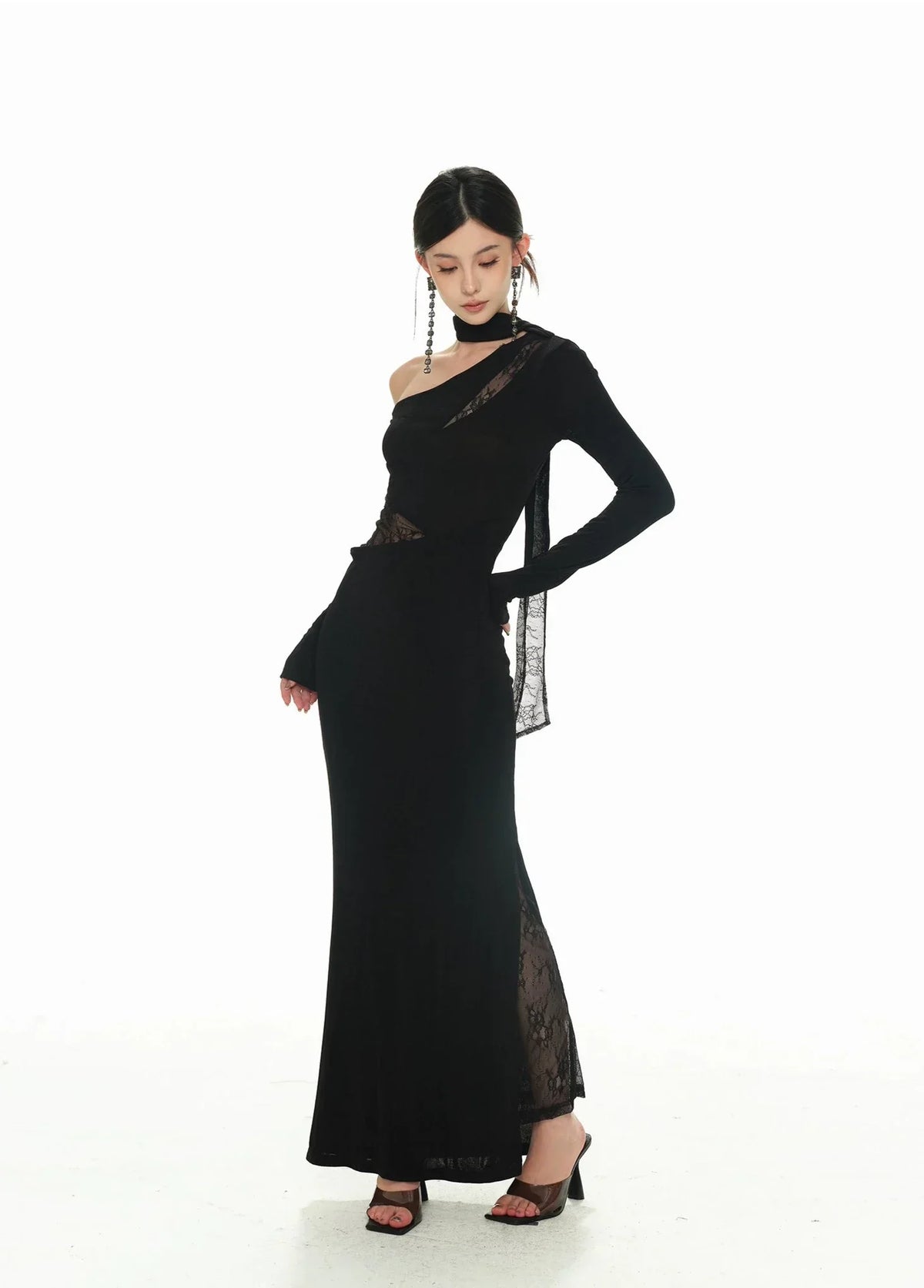 One-Shoulder Long Sleeve Lace Cut-Out Maxi Dress 9