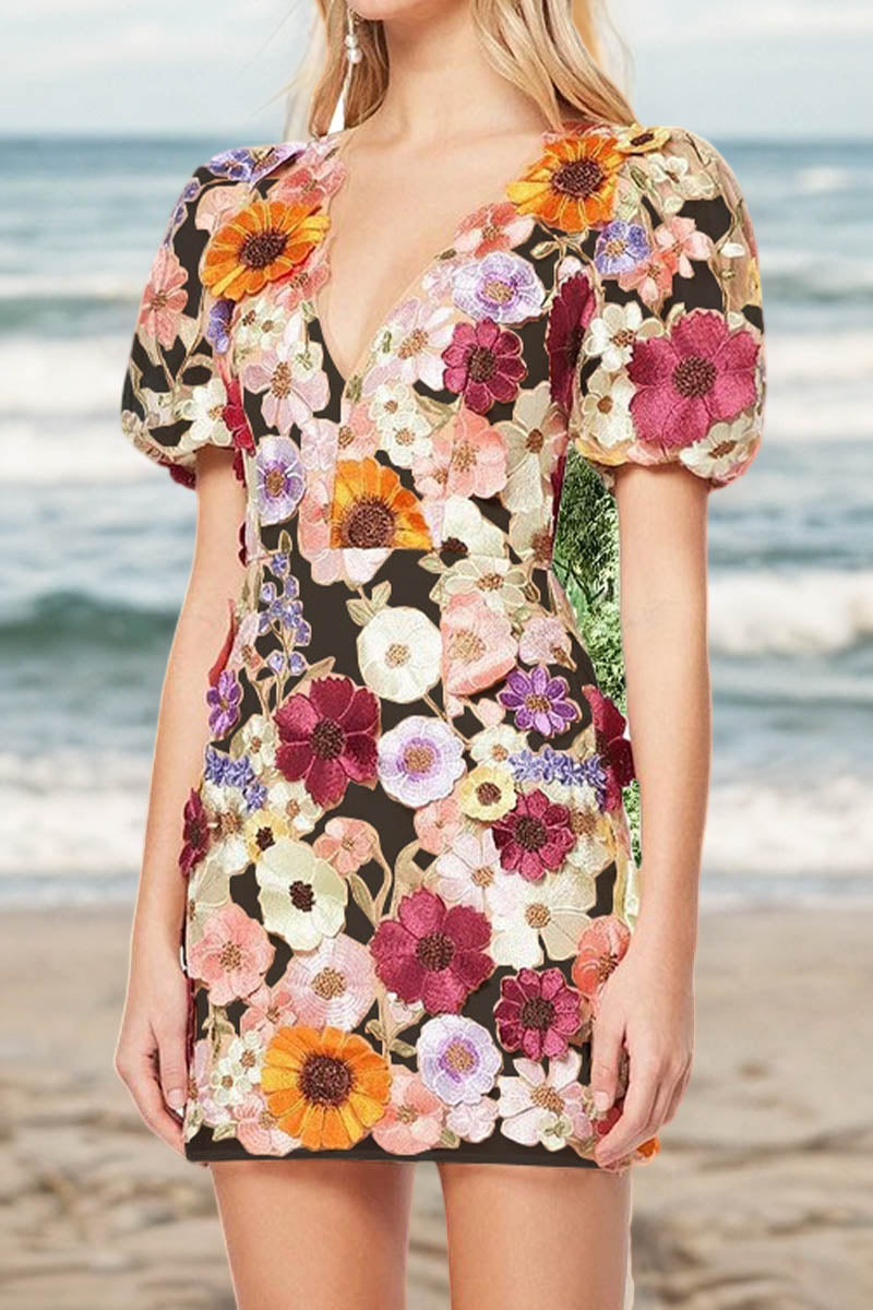 3D Lace Flower V-neck Puff Sleeve Mini Dress - Fashionpara