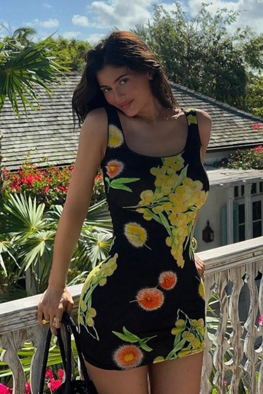 Floral Print Square Neck Sleeveless Bodycon Mini Dress