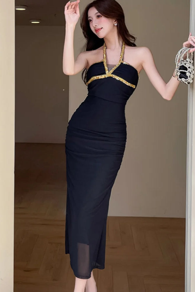 Sequin Trim Halter Neck Ruched Bodycon Maxi Dress