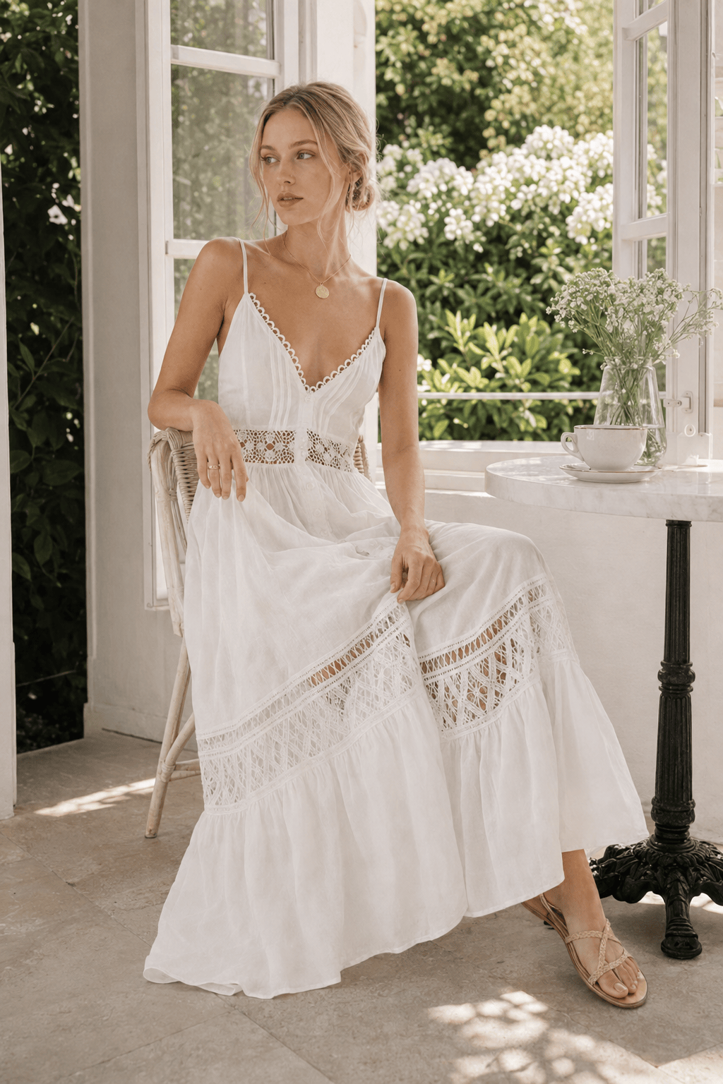 Crochet Lace Trim V-Neck Tiered Maxi Dress 2