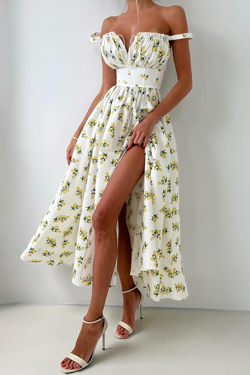Lemon Print Off Shoulder Corset High Split Maxi Dress