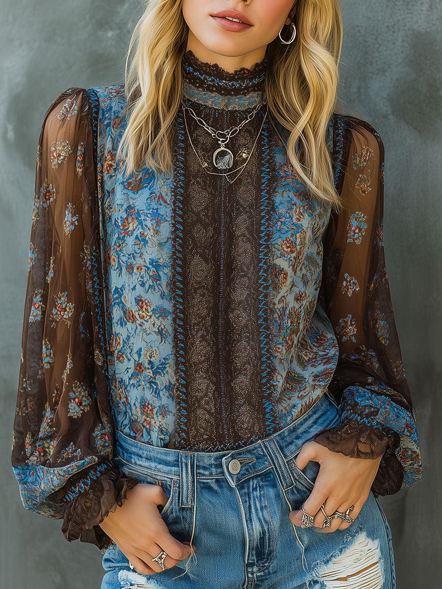 Vintage Boho Floral High Neck Sheer Lace Blouse With Puff Sleeve - Fashionpara