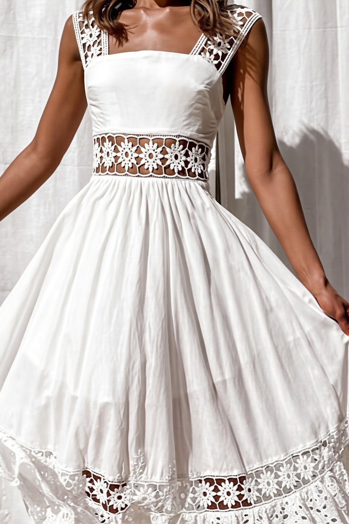 Broderie Square Neck Crochet Trim Tiered Midi Dress 4
