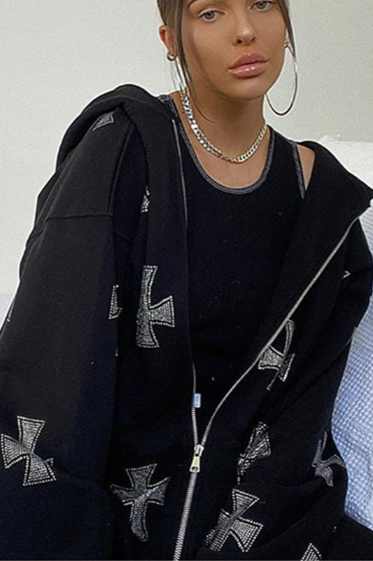 Loose Diamond Sleeve Zip Hoodie
