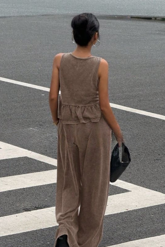 Ruffle V-Neck Sleeveless Top and Wide Leg Pants Set