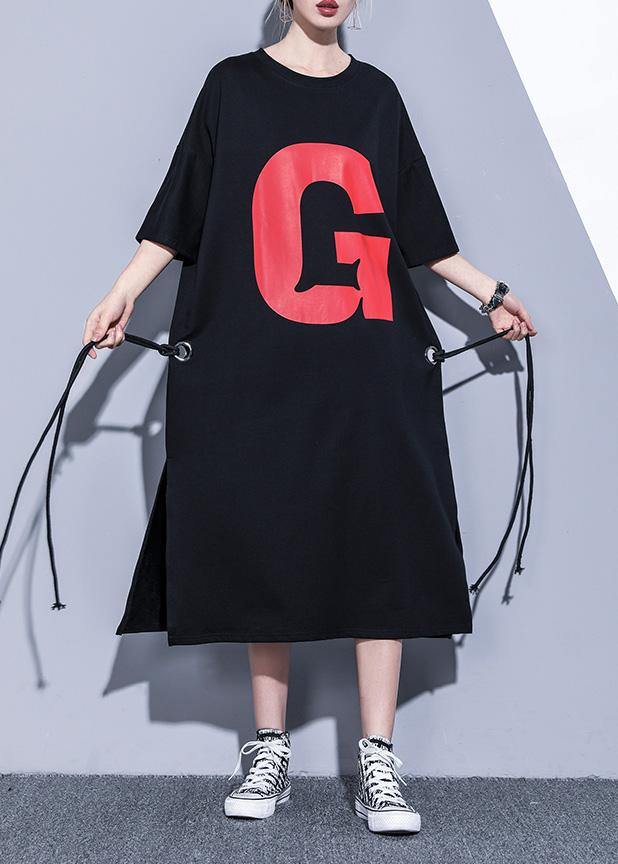 Graphic Letter Crew Neck Short Sleeve Side Slit Midi Dress