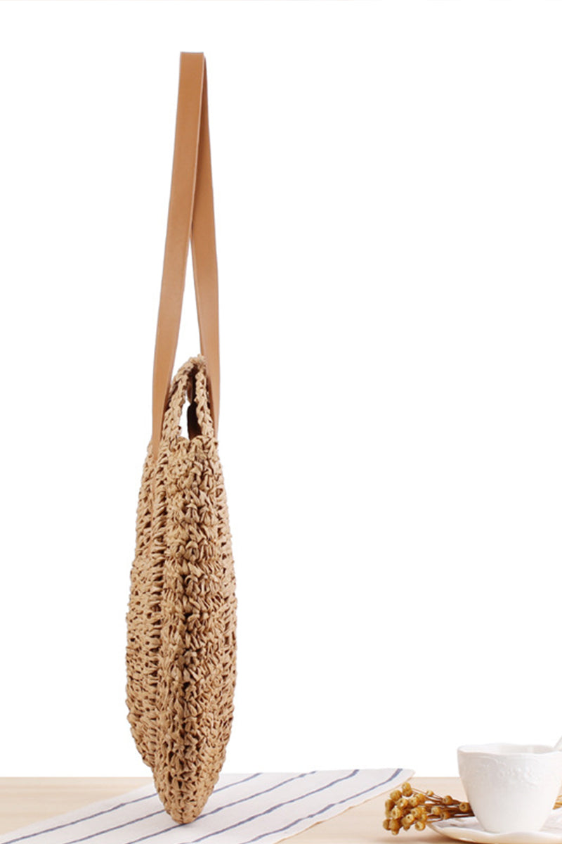 Trendy Leather Strap Woven Straw Beach Shoulder Bag - Fashionpara