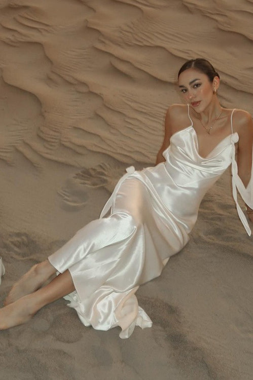 Satin Cowl Neck Spaghetti Strap Low-Back Slip Maxi Dress
