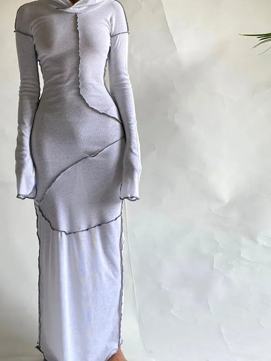 Patchwork Hoodie Slit Midi Dress - Fashionpara