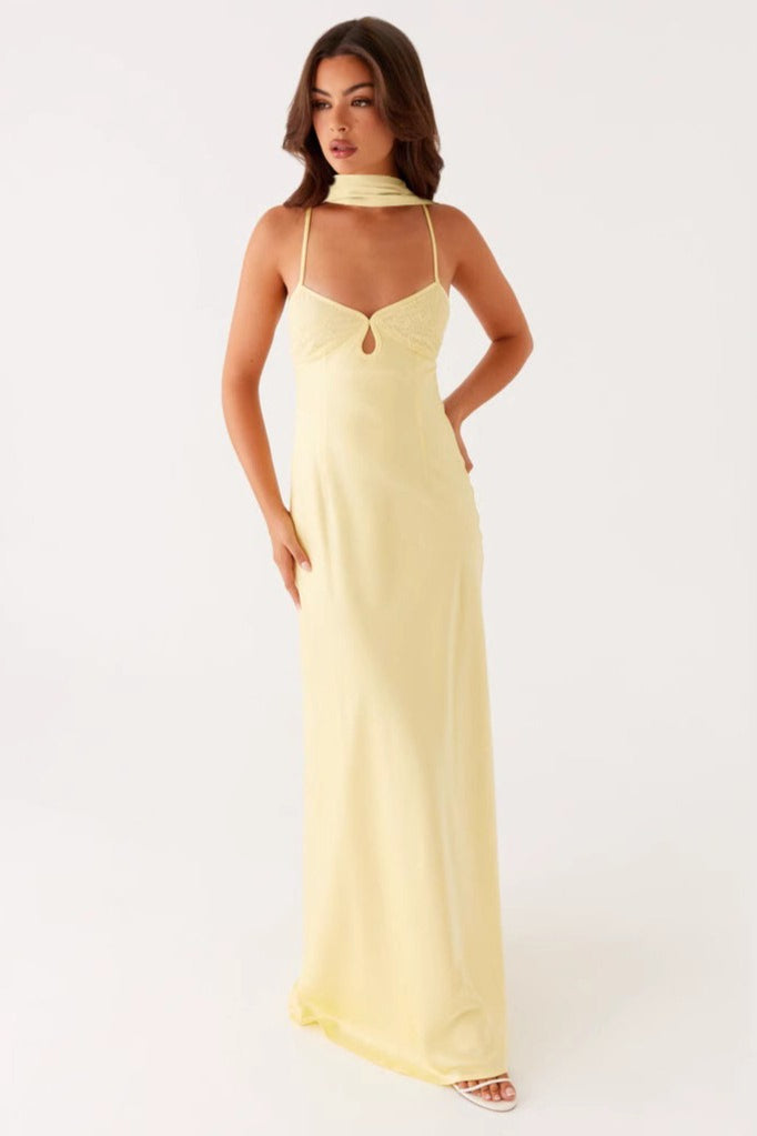 Satin V-Neck Tie-Back Maxi Luxury Party Dress