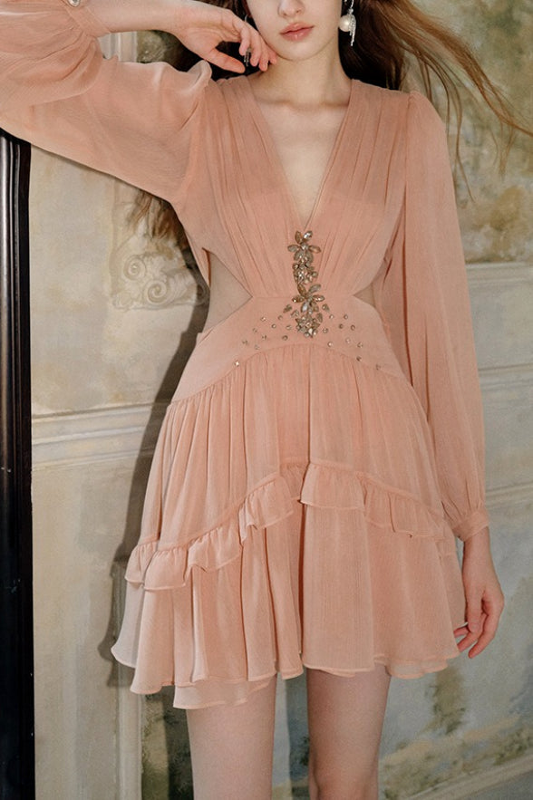 Embellished V-Neck Long Sleeve Tiered Chiffon Mini Dress 3