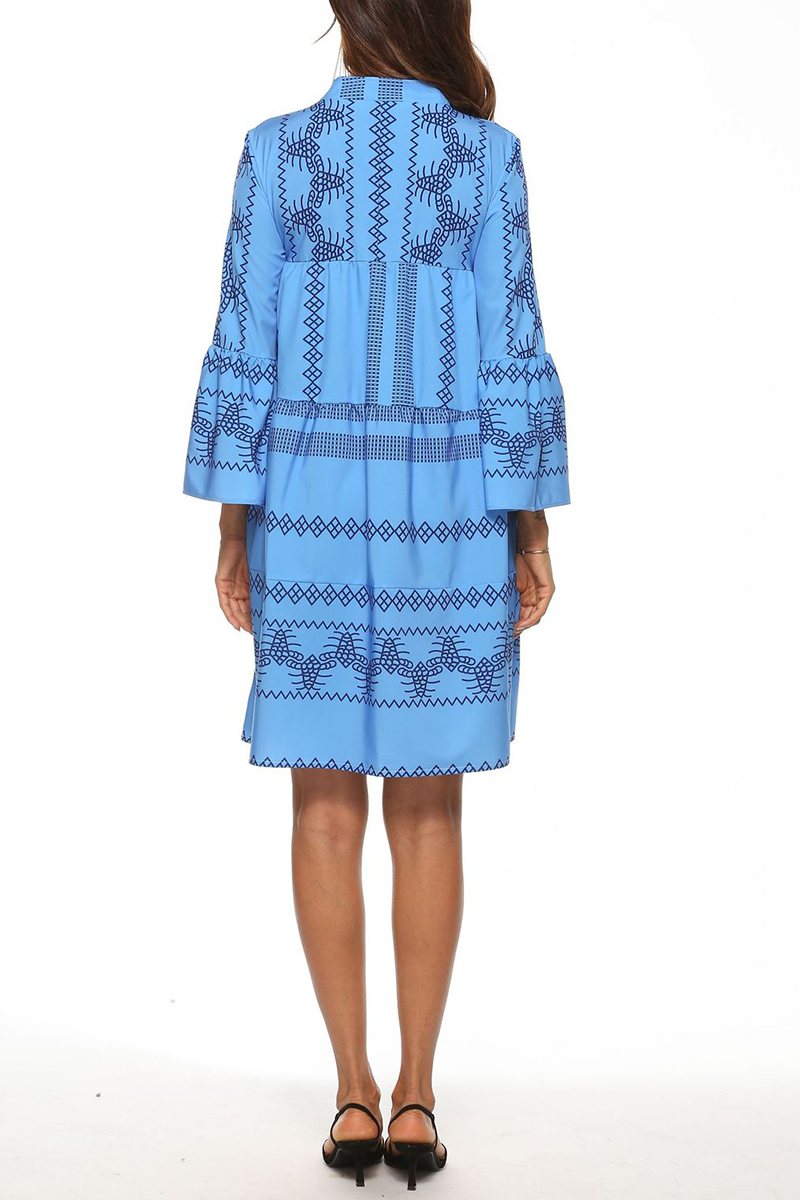 Mandarin Collar V-Neck Long Sleeve Geometric Print Tiered Mini Dress - View 3