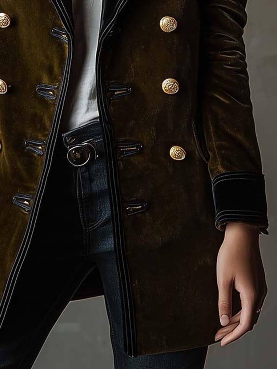 Olive Synthetic Velvet Double-Breasted Military Coat - Fashionpara