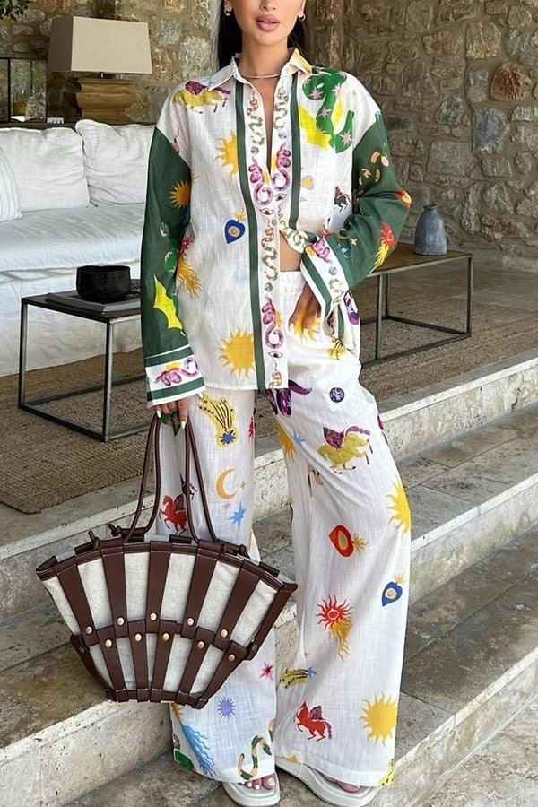 Zoie Linen Blend Unique Print Long Sleeve Loose Shirt and Elastic Waist Pocketed Pants Set - Fashionpara