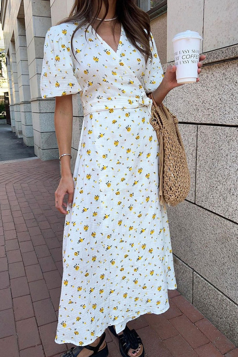 Floral Wrap V Neck Puff Sleeve Midi Dress 6