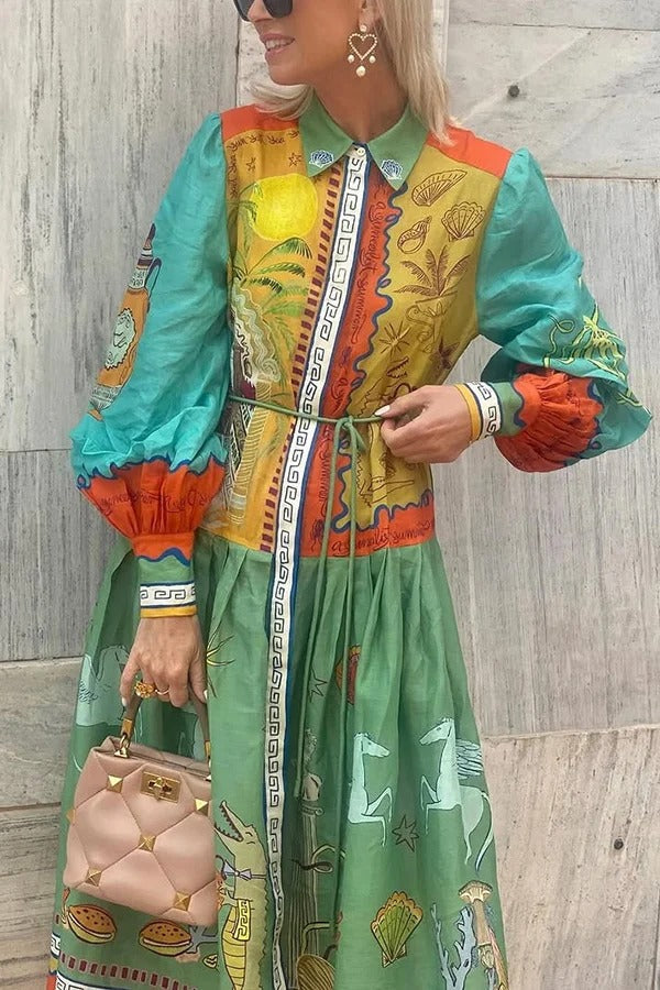 Puts A Smile Unique Print Lapel Lantern Sleeve Waist Tie Midi Dress - Fashionpara