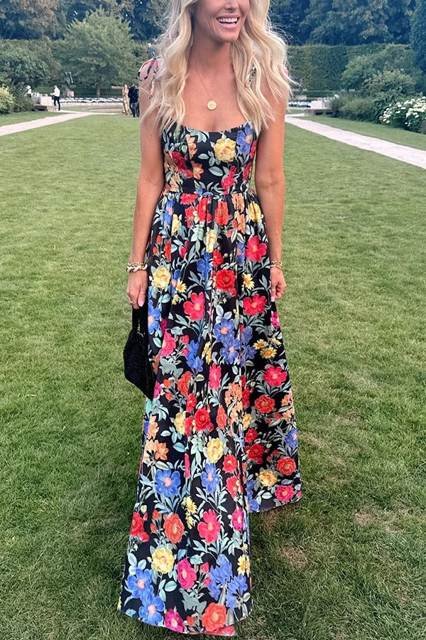 Garden Wedding Floral Print Back Tie-up Pocketed Slit Maxi Dress - Fashionpara