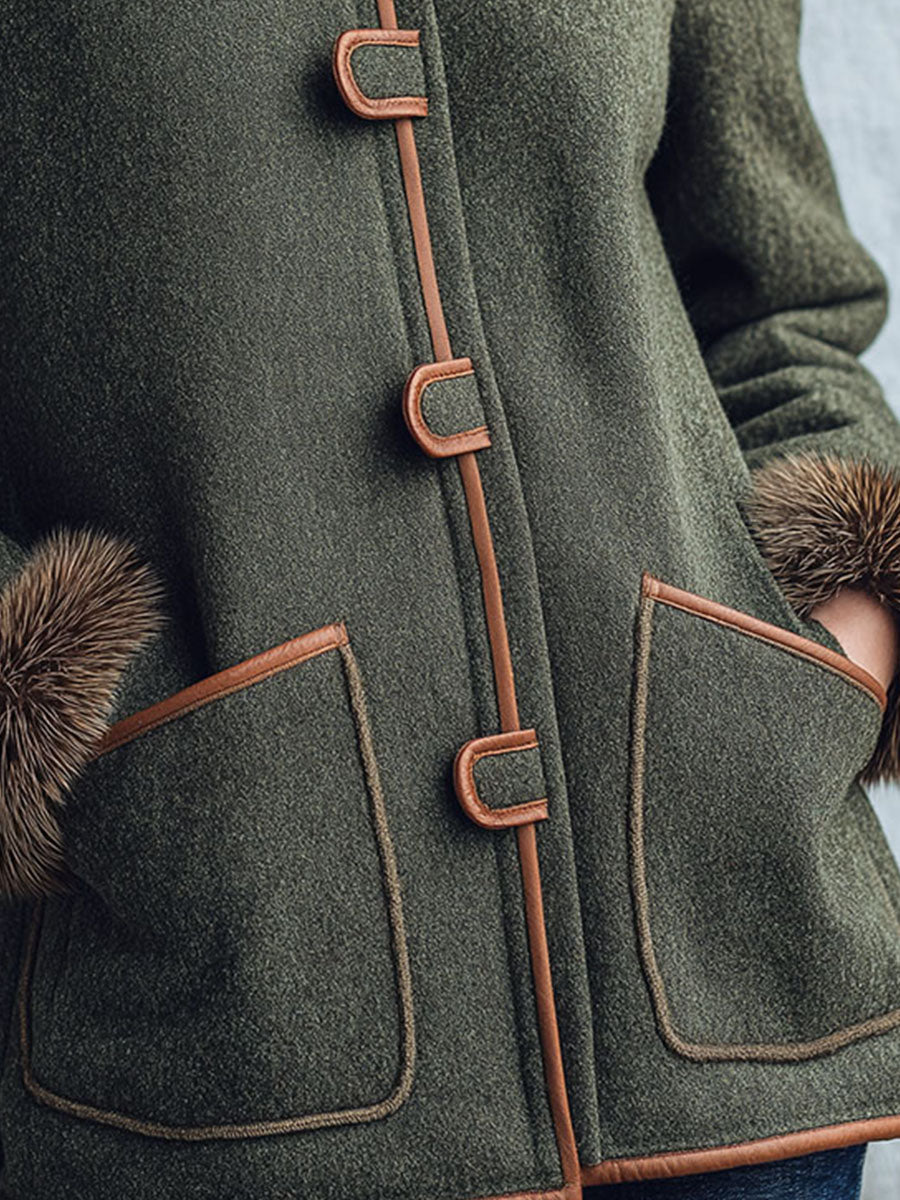 Vintage Wool-Blend Mid-Length Coat With Eco Fur Collar And Cuffs - Fashionpara