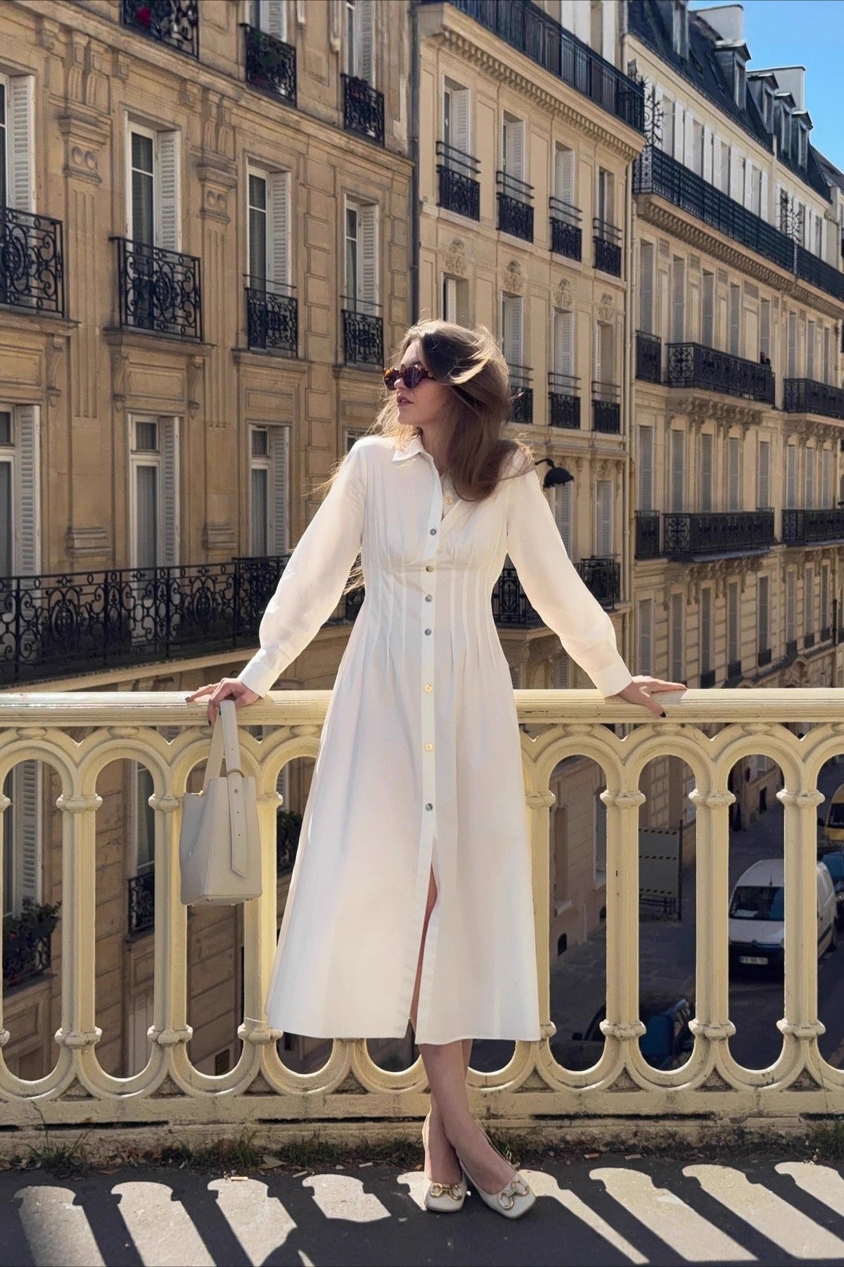 Collared Long Sleeve Pleated-Waist Shirt Midi Dress