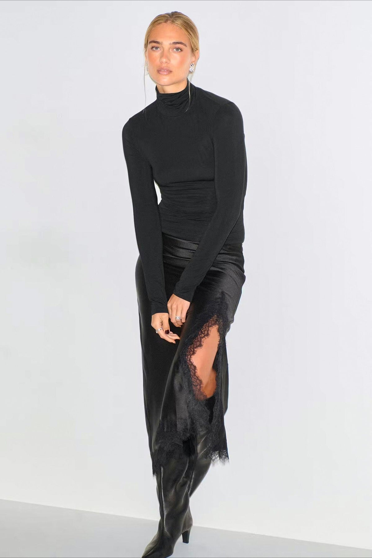 Lace-Insert Satin Mermaid Maxi Skirt
