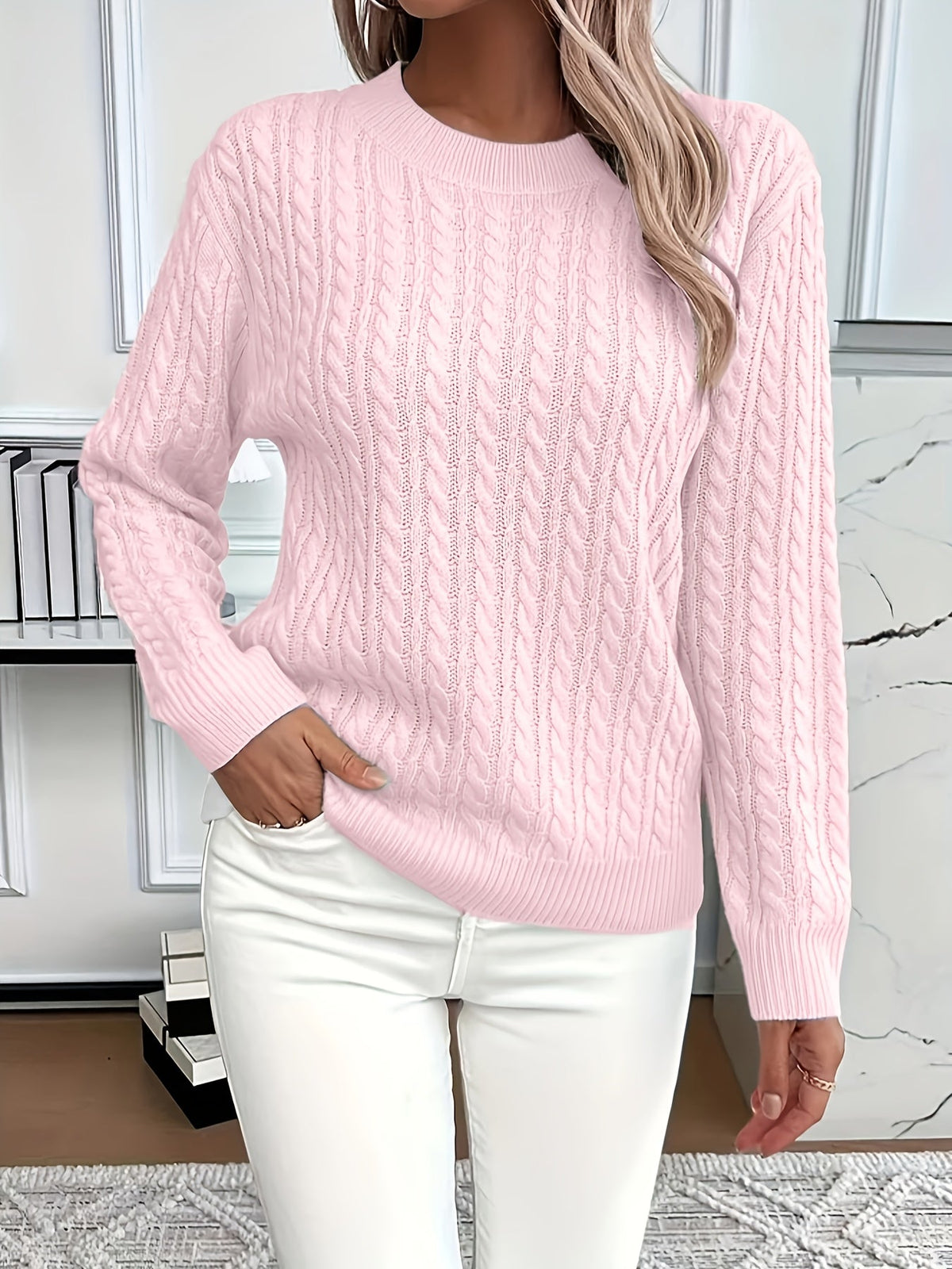Crew Neck Long Sleeve Cable Knit Sweater 3