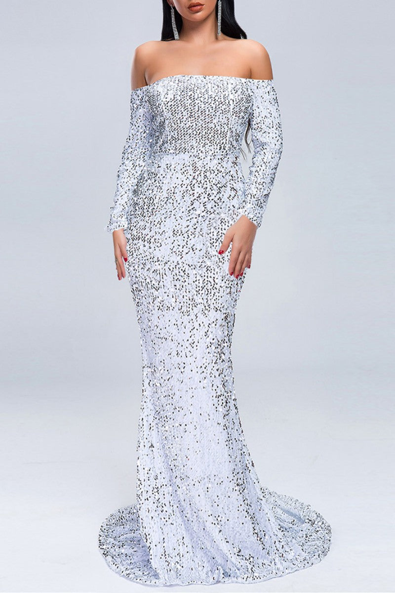 Sexy Formal Solid Hollowed Out Patchwork Off the Shoulder Evening Dress Dresses - Fashionpara