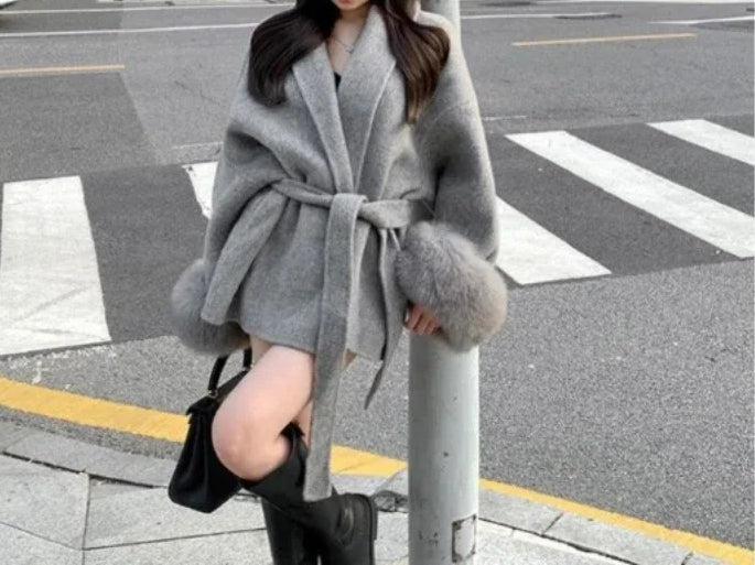 Furry Patchwork Long Sleeve Bandage Overcoat - Fashionpara