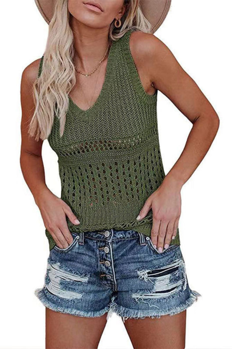 V Neck Sleeveless Hollow Out Knit Vest(2 Colors)