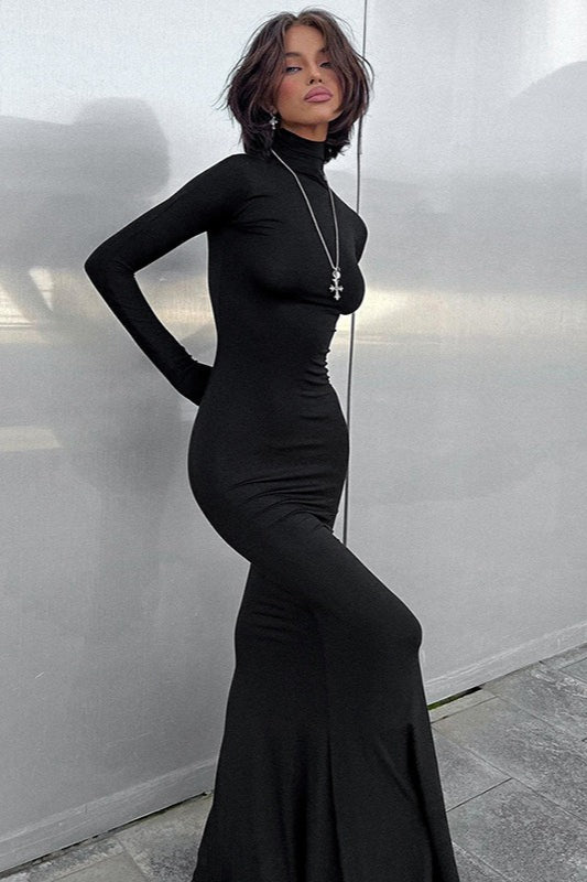 Ribbed High Neck Long Sleeve Bodycon Maxi Dress