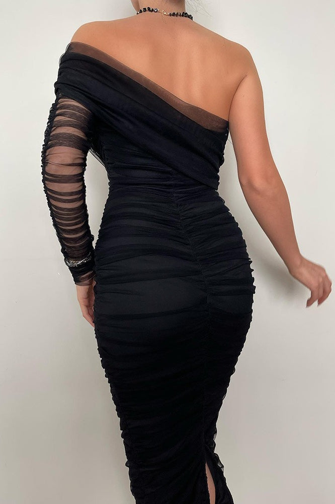 Mesh One Shoulder Long Sleeve Ruched Bodycon Mini Formal Dress - View 2