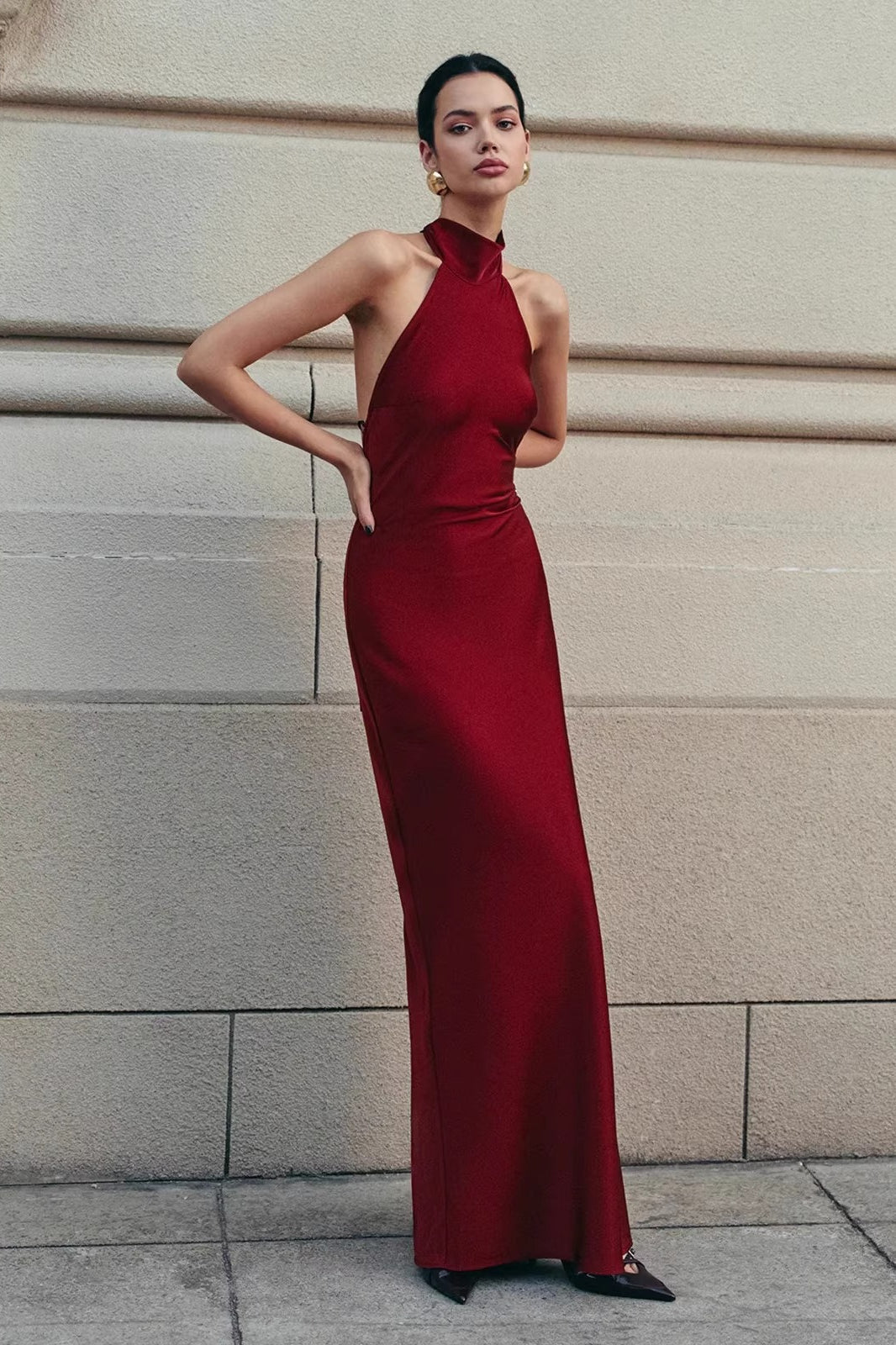 Satin Halter Neck Backless Bias Cut Maxi Gown 3