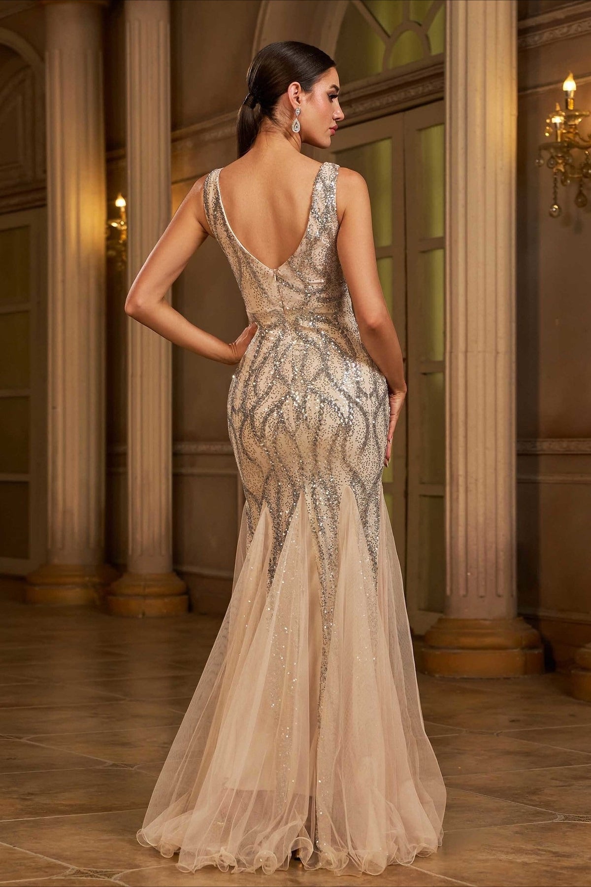 Sequin Deep V-Neck Mermaid Fishtail Prom Gown 3