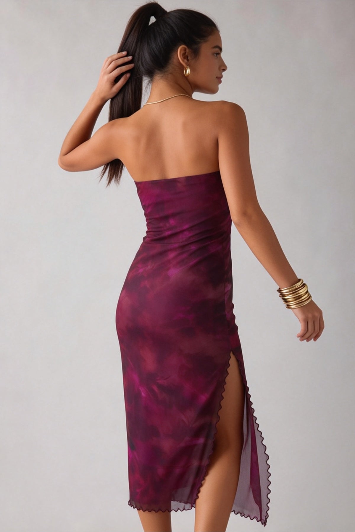 Gradient Print Mesh Strapless High Split Bias Midi Dress