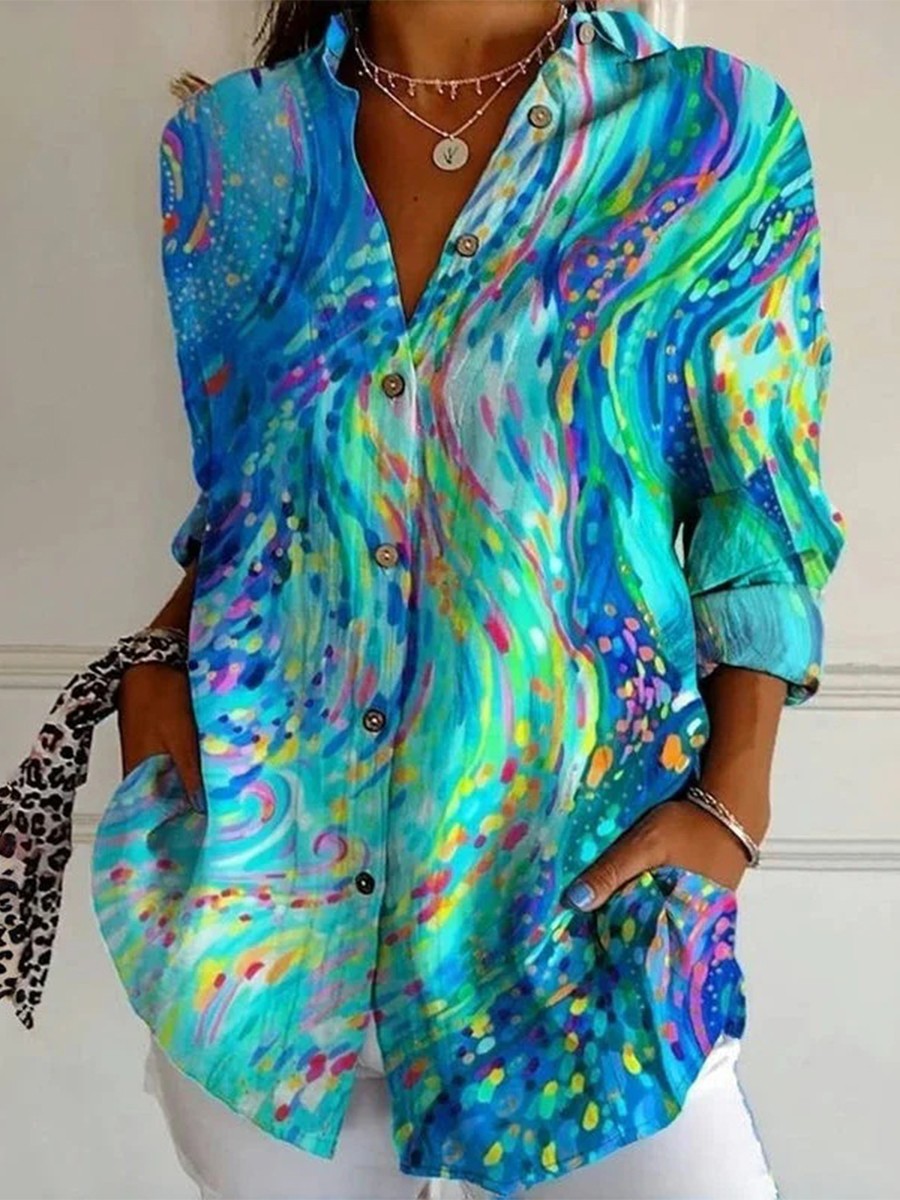 Abstract Swirl Print Collared Long Sleeve Button Up Shirt