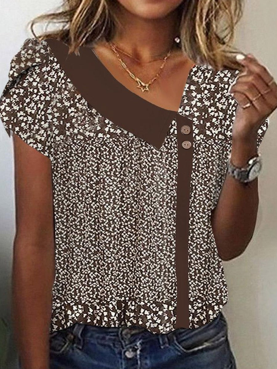 Ditsy Floral Asymmetric Neck Short Sleeve Button Blouse