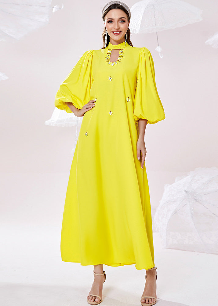 Rhinestone Mock Neck Cut Out Puff Sleeve Maxi Dress